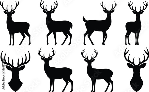 Collection of black silhouette illustrations of majestic deer in various poses and head profiles