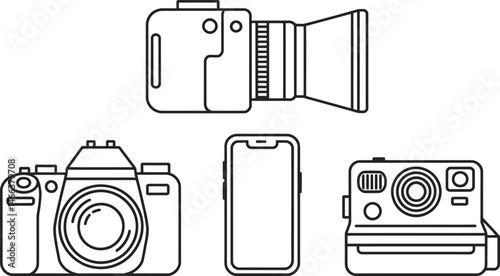 Outline illustration of various camera and smartphone technologies in black and white simple design