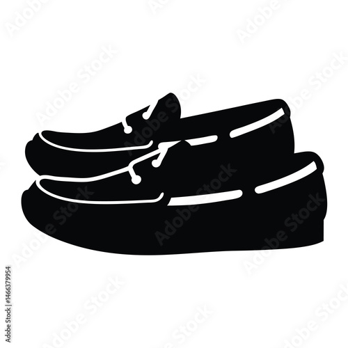 boat shoes vector silhouette icon, black and white illustration of footwear.