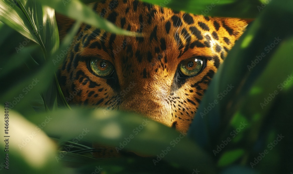 Intense jungle scene with leopard camouflaged in green leaves showing primal beauty and predator focus in the wild


