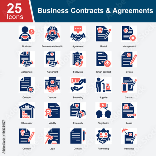 Business Contracts & Agreements is a collection of icons representing various business contracts, including rental agreements, partnership contracts, smart contracts, leases, supplier agreements.