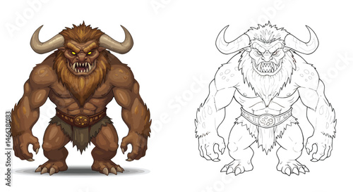 Fearsome Minotaur: A meticulously rendered illustration of a minotaur, a mythological creature of immense strength and primal rage, is presented in both full color and line art form.