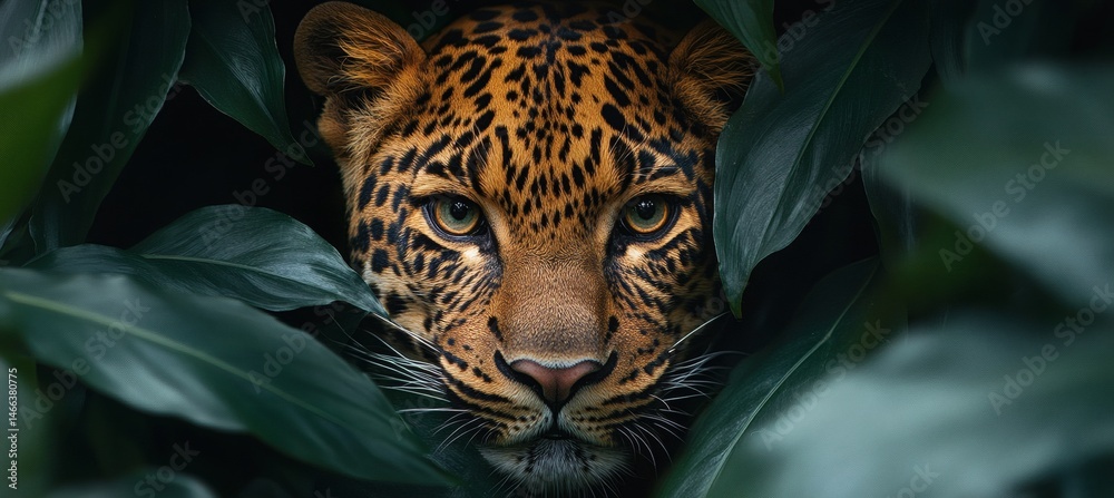 Intense jungle scene with leopard camouflaged in green leaves showing primal beauty and predator focus in the wild
