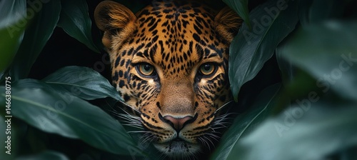 Obraz na płótnie Intense jungle scene with leopard camouflaged in green leaves showing primal beauty and predator focus in the wild
w salonie