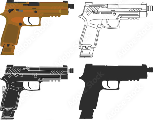 Set of icons of a standard military pistol with an enlarged magazine for SIG Sauer M17 cartridges, icons in four versions, color, line, isolation and silhouette.