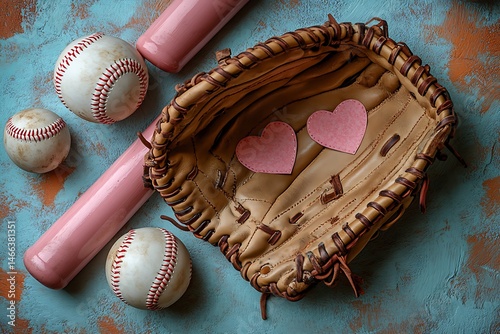 Baseball equipment and pink hearts representing sports romance or love for the game.