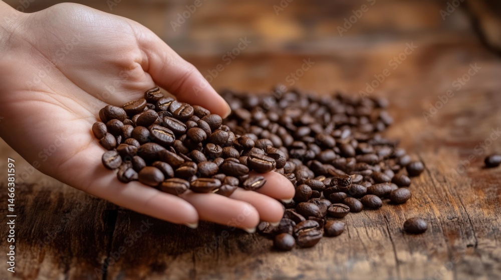 Handful of coffee beans on wooden table
