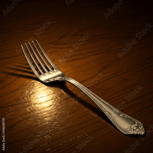 Elegant silver-plated dessert fork with an ornate 'Olive' pattern, dating back to 1872 and monogrammed 'Charlie', resting on a warm wooden surface, suitable for antique, vintage, or culinary concepts.