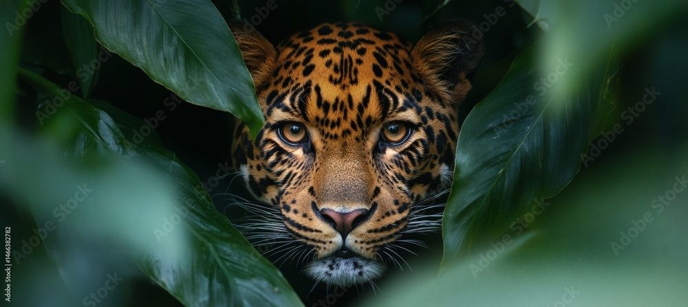 Intense jungle scene with leopard camouflaged in green leaves showing primal beauty and predator focus in the wild