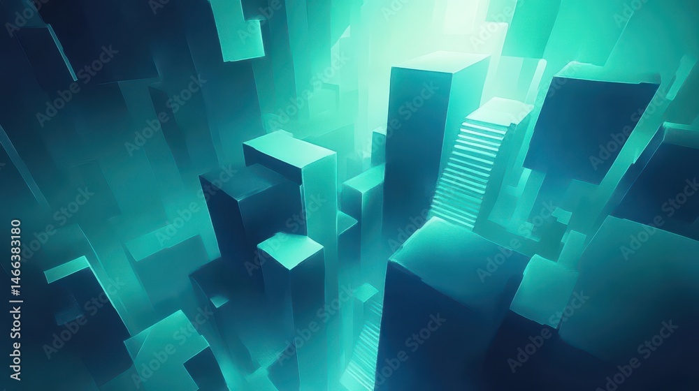 Fototapeta premium Teal abstract geometric block formation background modern vibrant data structure technology design backdrop crystal blocks landscape