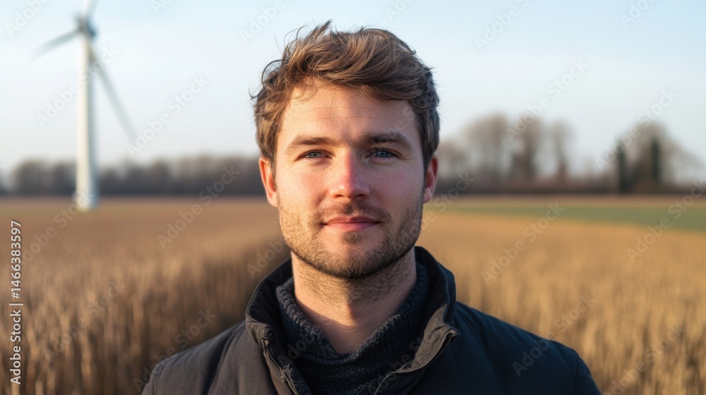 Man in a field, wind turbine in background