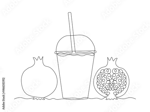 abstract pomegranate fruit juice glass with lid and straw, continuous single one line art hand drawing sketch logo