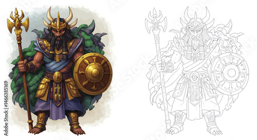 Ancient Ruler Illustration: A detailed illustration of a formidable warrior, showcasing intricate armor, a golden shield, and a staff, evoking a sense of ancient power. 