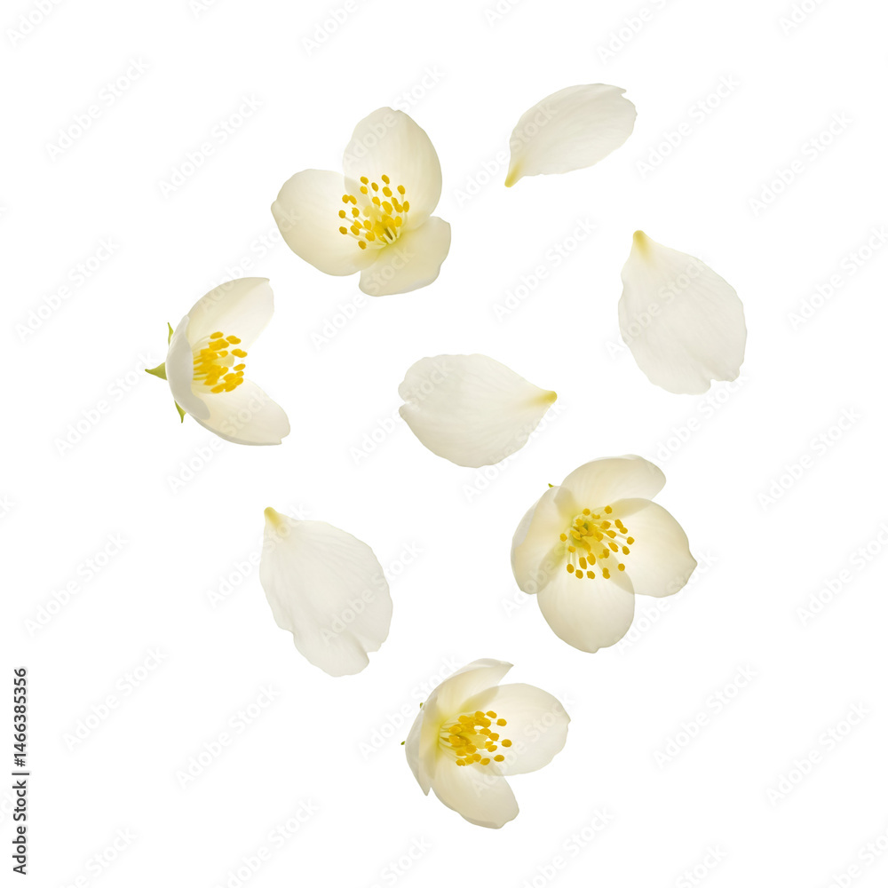 Delicate Jasmine Flowers and Petals Floating isolated on a transparent background Delicate Jasmine Flowers and Petals Floating isolated on a transparent background