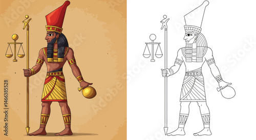 Egyptian Deity Illustration: A detailed illustration portrays an ancient Egyptian deity, resplendent in traditional attire, complete with iconic staff and symbols.
