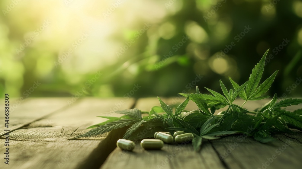 Tranquil arrangement of green herbal capsules and cannabis leaves on wooden surface in soft focus