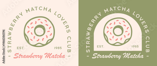 Strawberry matcha donut lovers club green tea flavor Japanese sweets dessert cake aesthetic logo girl shirt design. Cute trendy kawaii organic vegan food pink sprinkles badge sticker illustration.