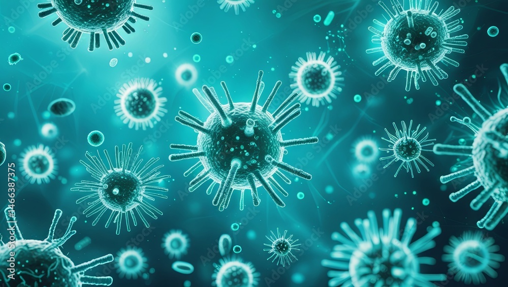 bacteria and viruses depicted against a vibrant turquoise background, highlighting microscopic organisms in intricate detail, emphasizing their diversity and the unseen world of pathogens bacteria and viruses depicted against a vibrant turquoise background, highlighting microscopic organisms in intricate detail, emphasizing their diversity and the unseen world of pathogens