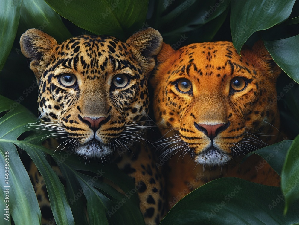 Intense jungle scene with leopard camouflaged in green leaves showing primal beauty and predator focus in the wild