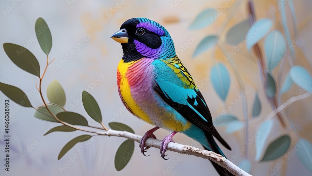 Obraz premium The Gouldian finch (Erythrura gouldiae), often referred to as the Lady Gouldian finch, Gould's finch, or rainbow finch, is a vibrant songbird native to Australia.