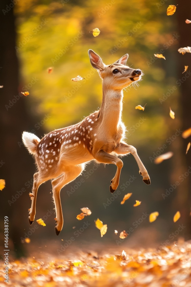 A fawn leaps amidst autumn leaves