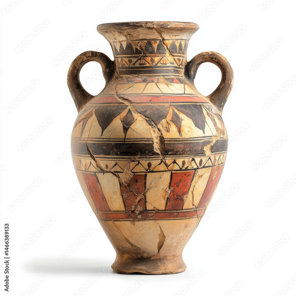 Ancient terracotta amphora with geometric designs