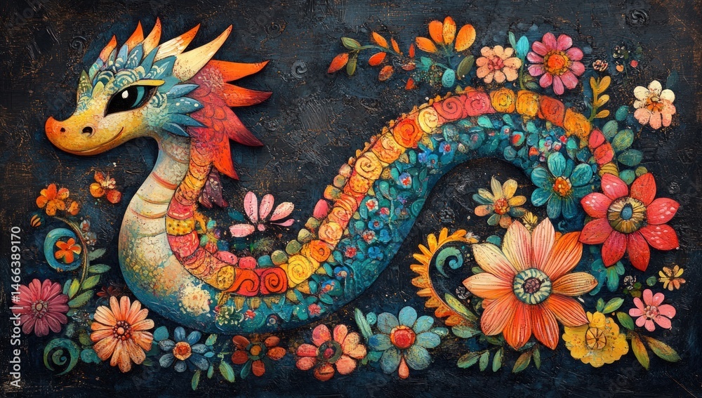 Fototapeta premium Dragon adorned with flowers, vibrant colors