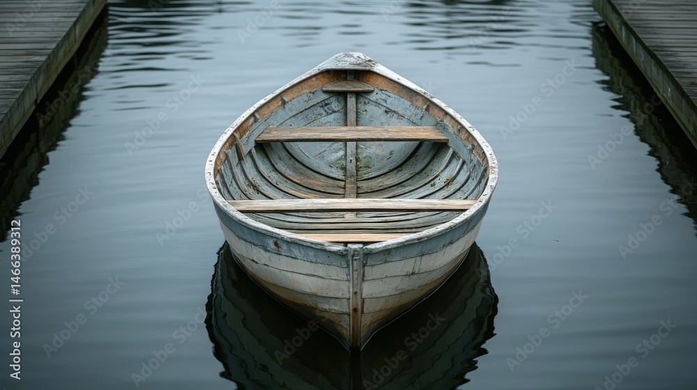 Antique wooden rowboat on calm water