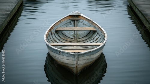 Obraz na płótnie Antique wooden rowboat on calm water w salonie