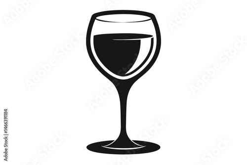 A wineglass silhouette, darkly filled, presents elegantly against the stark white background so simplistic