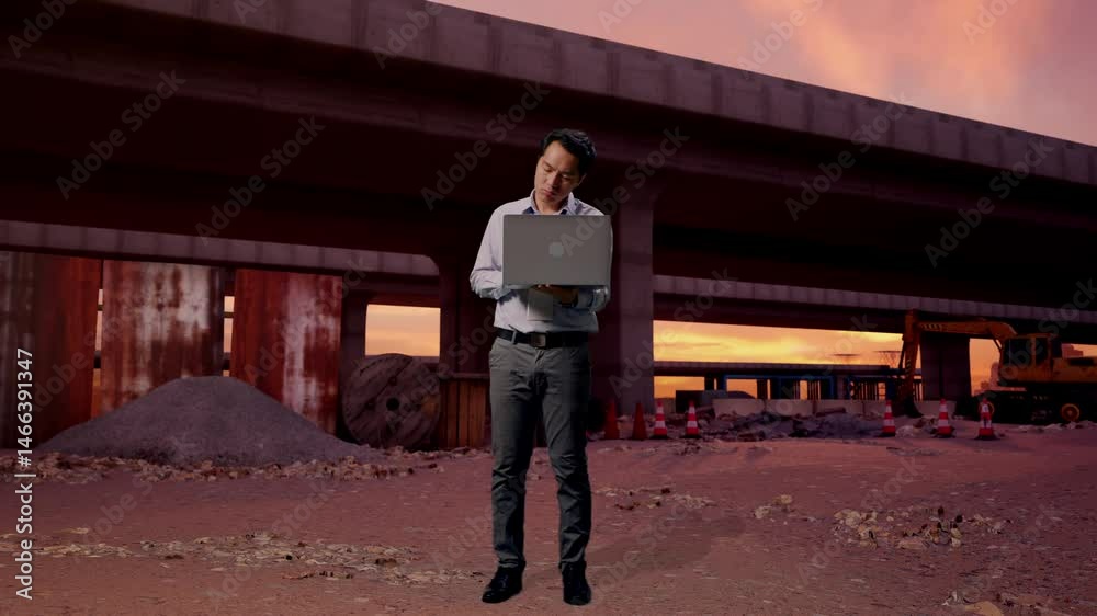 Full Body Of An Asian Male Professional Worker Standing With His Laptop At The Site of Highway Construction, He Is Nodding His Head With Dissapionted Full Body Of An Asian Male Professional Worker Standing With His Laptop At The Site of Highway Construction, He Is Nodding His Head With Dissapionted