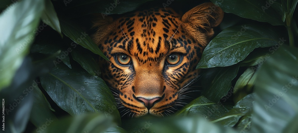 Intense jungle scene with leopard camouflaged in green leaves showing primal beauty and predator focus in the wild