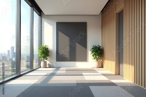 ‎Modern Minimalist Office Interior with City View, Large Windows, and Checkered Carpet Design