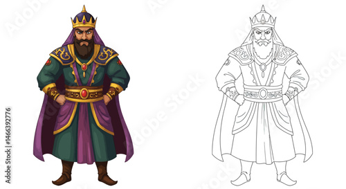 Majestic Ruler: A regal illustration of a king, exuding power and authority with rich colors and intricate details, showcasing his royal attire and imposing presence.
