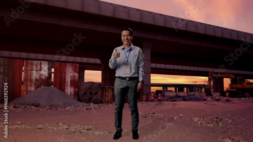 Full Body Shot Captures Of An Asian Male Professional Worker Standing At The Site of Highway Construction, His Broad Smile At The Camera And Giving Thumbs Up