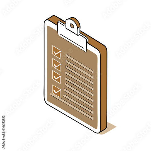 Isometric Clipboard Icon for Task Management, To-Do Lists, Survey Applications and Inspection Checklist Tools in Digital Interfaces