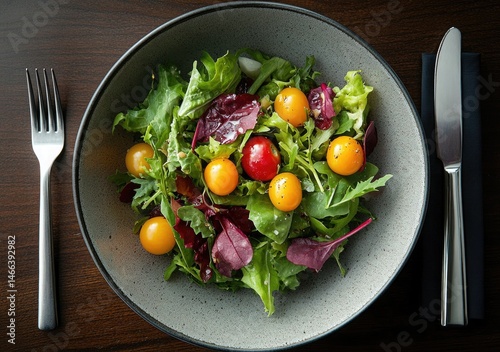Fresh garden salad with tomatoes and mixed greens is served in rustic bowl