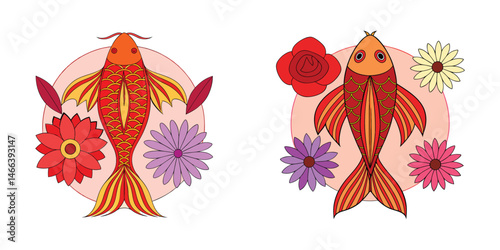 Colorful Koi Fish with Flowers Vector Set.