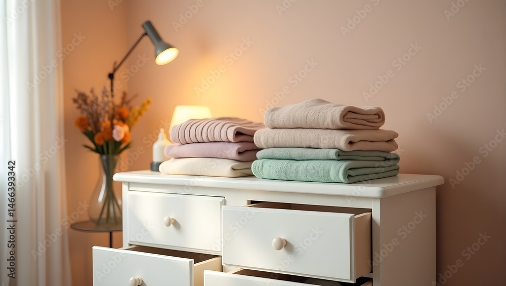 white dresser, books, lamps, decor, cozy, warm lighting, home interior, minimalist, natural light, wooden accents