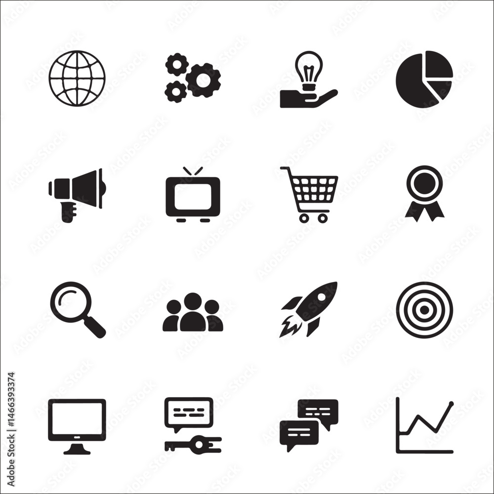 This vector icon set presents a collection of black symbols and signs related to shopping, web, business, internet, communication, media, technology, music, design, bank, network, website, phone, glob