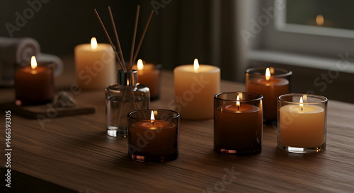 Relaxing Spa Atmosphere with Scented Candles and Diffuser Warm Cozy Home Decor photo