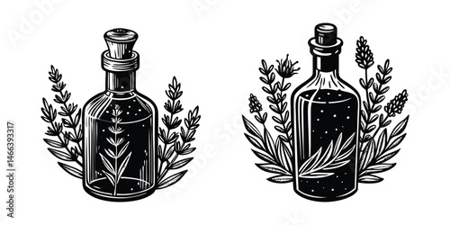 Vintage Botanical Bottle Silhouette Vector: Lavender Elixir & Potion Illustrations.