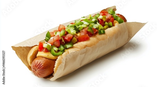 Hot dog in paper wrap with fresh toppings.