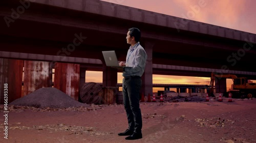 Full Body Side View Of An Asian Male Professional Worker At The Site of Highway Construction, Observes By Looking Up Before He Come To Concentrating On The Laptop And Keep On Typing