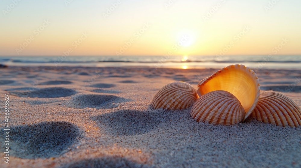 Obraz premium shells on the beach at sunset