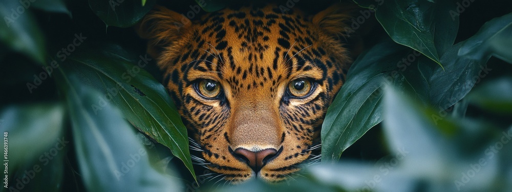 Intense jungle scene with leopard camouflaged in green leaves showing primal beauty and predator focus in the wild