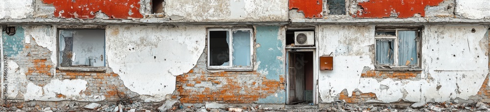 Weathered Building Exterior with Extensive Damage Weathered Building Exterior with Extensive Damage
