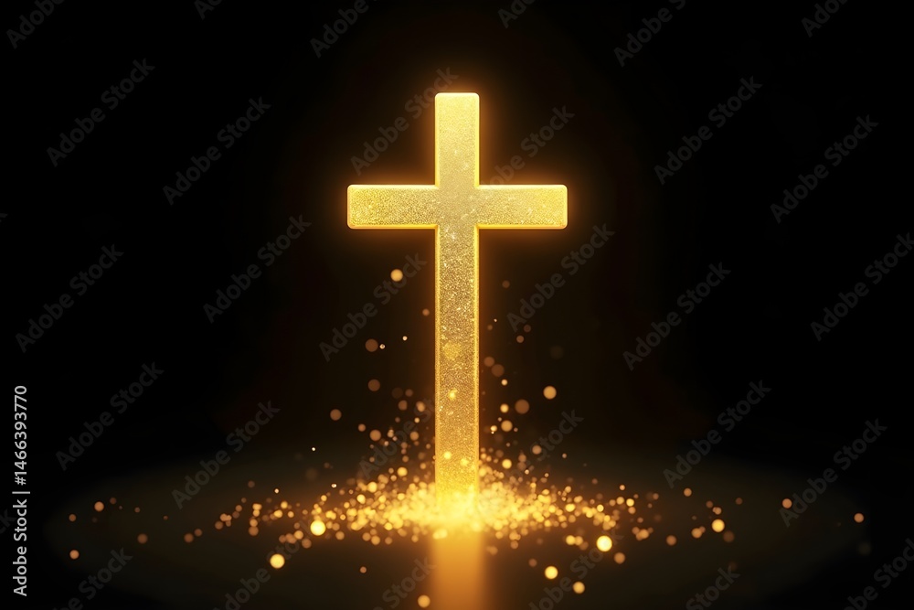 glowing golden cross, omate religious symbol, dramatic lighting, bright sparkles, heavenly glow, shimmering particles, ethereal atmosphere, dramatic