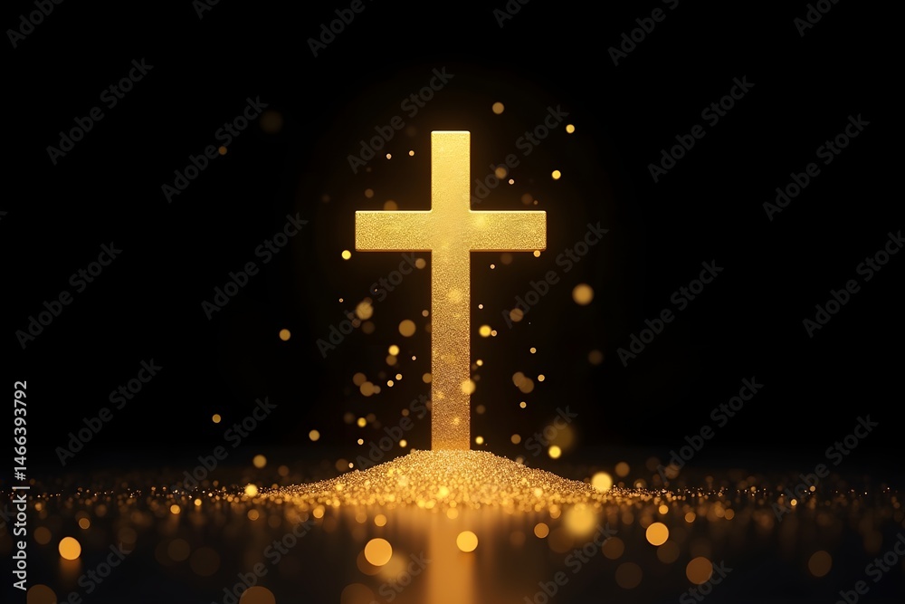 glowing golden cross, omate religious symbol, dramatic lighting, bright sparkles, heavenly glow, shimmering particles, ethereal atmosphere, dramatic