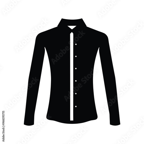 button down shirt vector silhouette icon, black and white illustration of clothing.